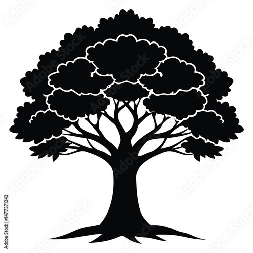 Symmetrical tree with leafy foliage and stout trunk, a silhouetted botanical illustration
