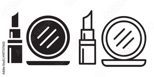 Face Powder And Lipstick Icon Set. Women Beauty Tools Illustration. Women's Makeup.