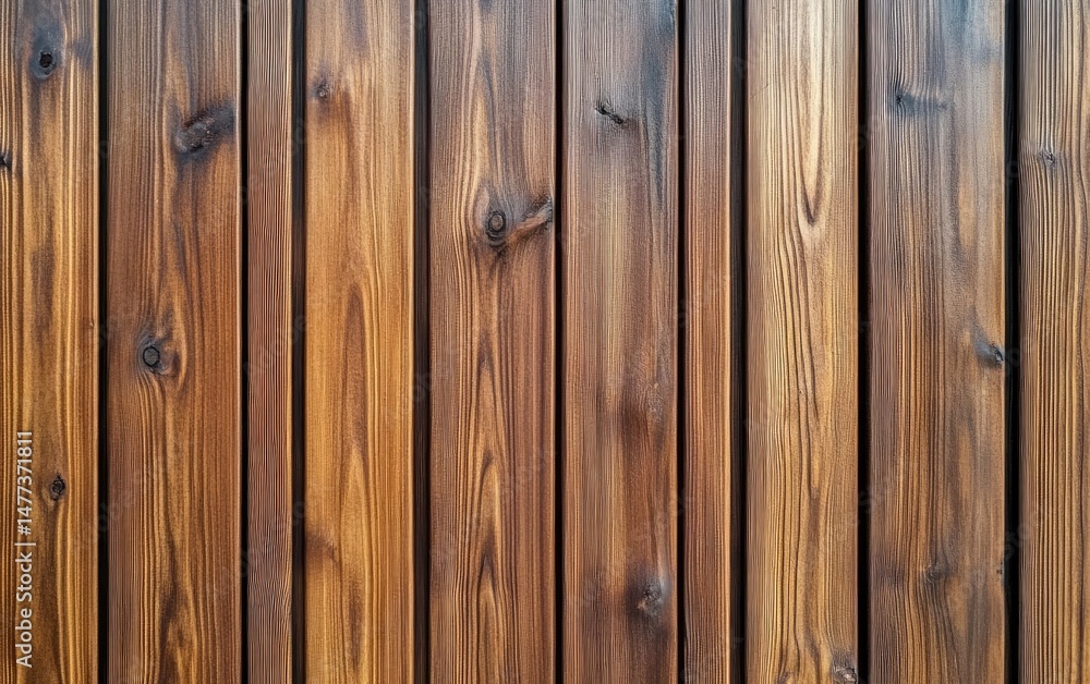 Naklejka premium Close-up of a wooden wall. Vertical planks, rich brown tones, visible wood grain and knots