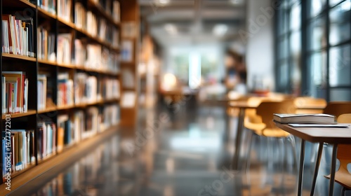 Wallpaper Mural Utilize an abstract, blurred depiction of an empty college library interior with a defocused effect, featuring bookshelves in a blurry classroom Torontodigital.ca