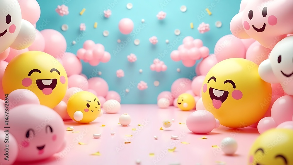Joyful 3D Render Happy Emojis in a Whimsical Cloud and Balloon Scene Joyful 3D Render Happy Emojis in a Whimsical Cloud and Balloon Scene