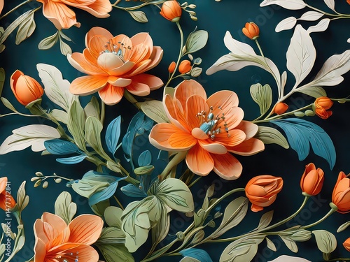 Bright Botanical Wallpaper with Bold Orange Blossoms, Modern Vintage Floral Fabric Print, Lush Botanical Illustration Pattern for Textile & Wallpaper