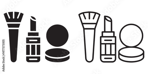 Face Powder, Lipstick And Brush Icon Set. Women Beauty Tools Illustration. Women's Face Makeup.