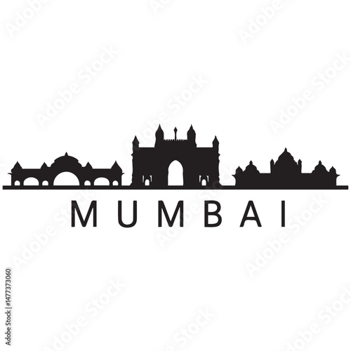 Vector Mumbai skyline. Travel Mumbai famous landmarks. Business and tourism concept for presentation, banner, web site. Vector black silhouette. with white background