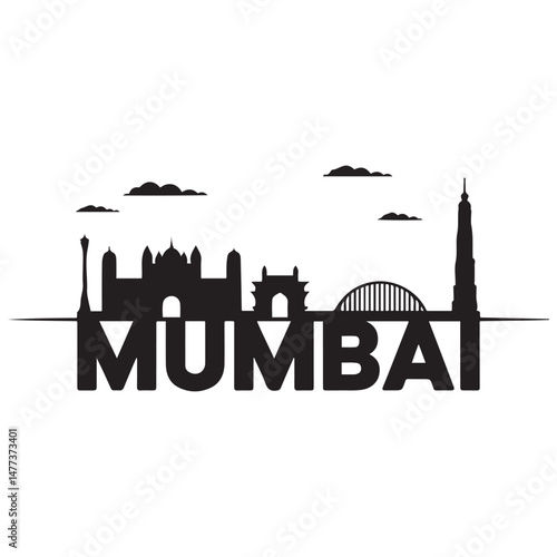 Vector Mumbai skyline. Travel Mumbai famous landmarks. Business and tourism concept for presentation, banner, web site. Vector black silhouette. with white background