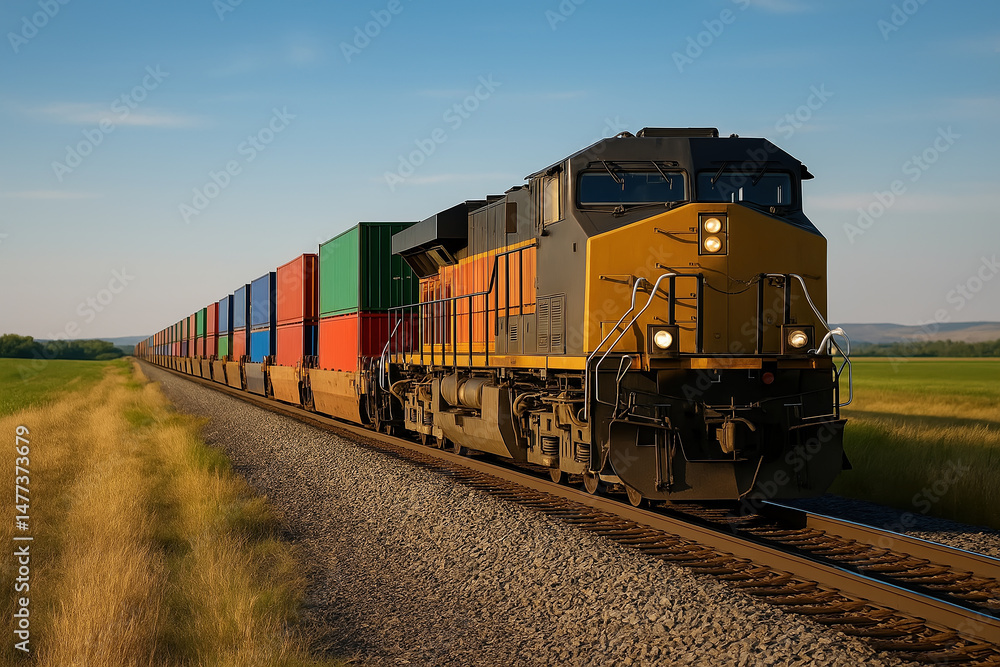 Freight Train with Cargo Containers Moving Through Countryside on Sunny Day, Featuring Logistics, Transport, and Scenic Landscape Freight Train with Cargo Containers Moving Through Countryside on Sunny Day, Featuring Logistics, Transport, and Scenic Landscape
