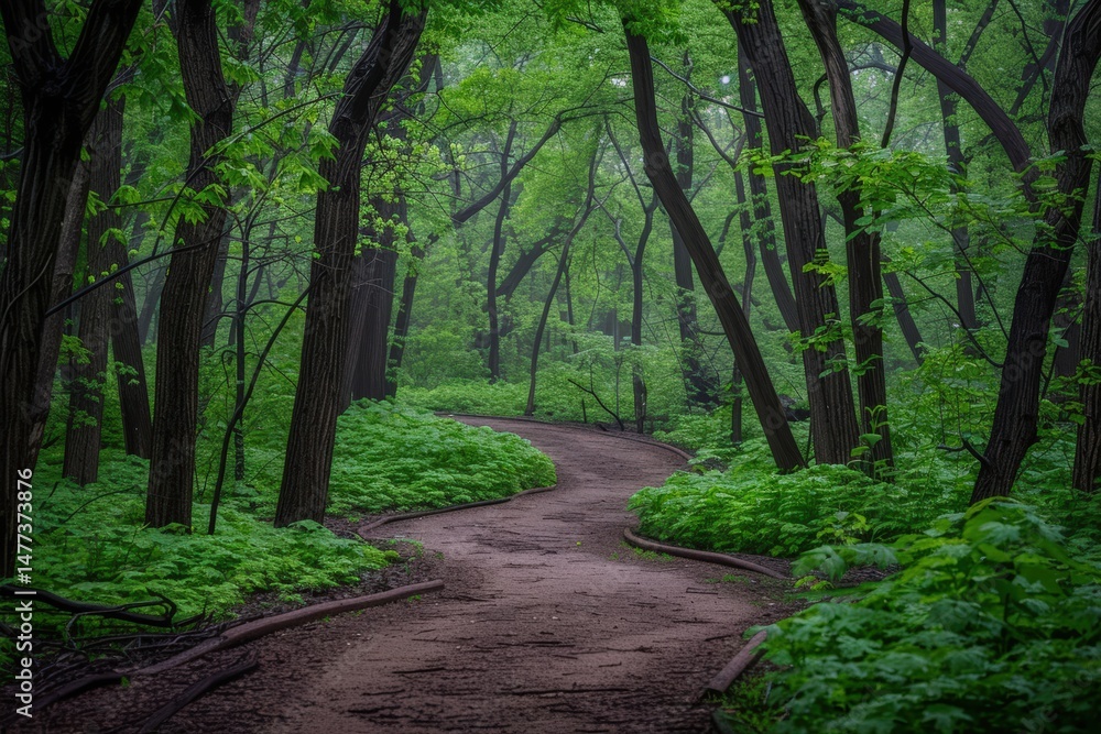 Naklejka premium A winding dirt path curves through a lush, green forest with tall trees and dense foliage.