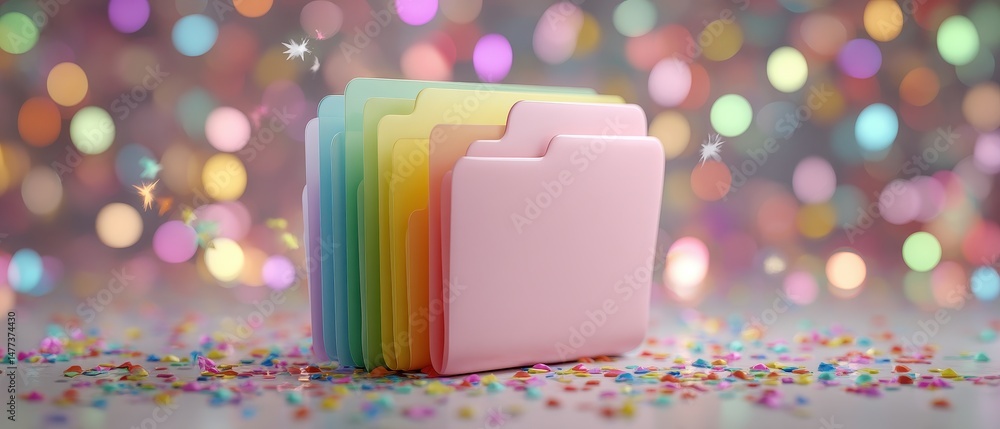 Fototapeta premium Rainbow Pastel Folders on Confetti Festive Organization Concept