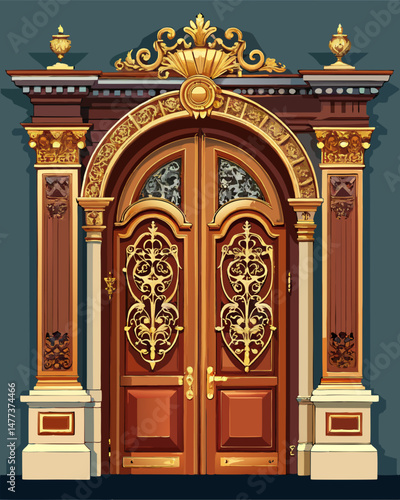 Ornate Golden and Brown Double Door Entrance with Architectural Details