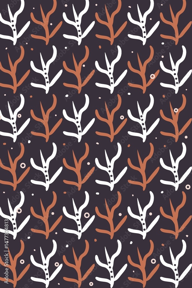 Hand-Drawn Botanical Pattern with Abstract Coral Leaves in Earth Tones on Dark Background for Textile and Wallpaper Design. Illustration Hand-Drawn Botanical Pattern with Abstract Coral Leaves in Earth Tones on Dark Background for Textile and Wallpaper Design. Illustration