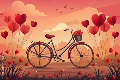 Romantic Bicycle Ride at Sunset with Heart Balloons and Flowers