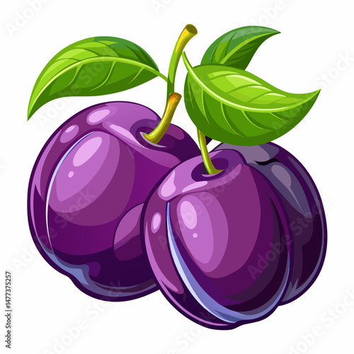 Two Ripe Plums with Green Leaves Illustration