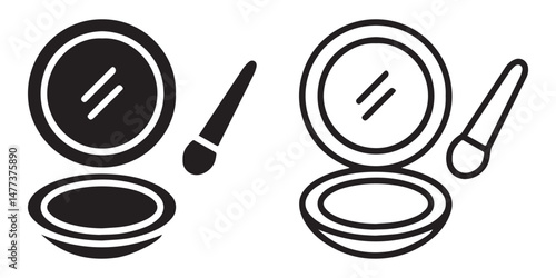 Face Powder And Brush Icon Set. Women Beauty Tools Illustration. Women's Face Makeup.