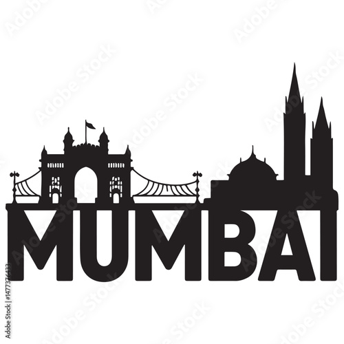Vector Mumbai skyline. Travel Mumbai famous landmarks. Business and tourism concept for presentation, banner, web site. Vector black silhouette. with white background