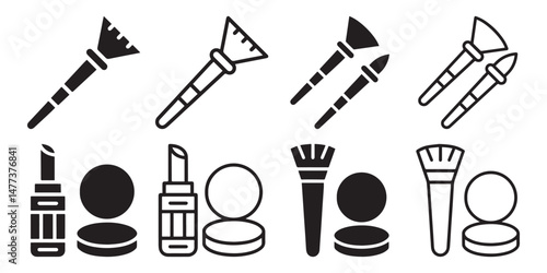 Face Powder, Lipstick and Brush Icon Set. Women Beauty Tools Illustration. Women Makeup.