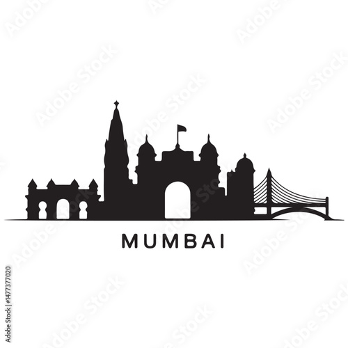 Vector Mumbai skyline. Travel Mumbai famous landmarks. Business and tourism concept for presentation, banner, web site. Vector black silhouette. with white background