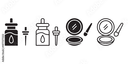 Face Serum And Face Powder Icon Collection. Face Powder And Serum Illustration With Dropper. Women Beauty. Women Makeup.