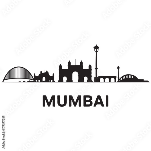 Vector Mumbai skyline. Travel Mumbai famous landmarks. Business and tourism concept for presentation, banner, web site. Vector black silhouette. with white background