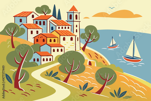 157 a picturesque mediterranean coastal town, colorful houses on a hillside, historical architecture, orange rooftops, olive trees, sailboats in the water, clear blue sky, tranquil seaside landscape