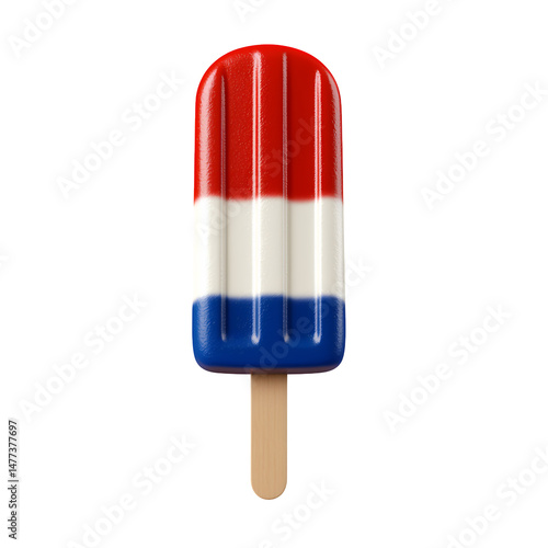 Red, white, and blue layered popsicle on a wooden stick against a transparent background. 3D rendered image with a glossy finish.