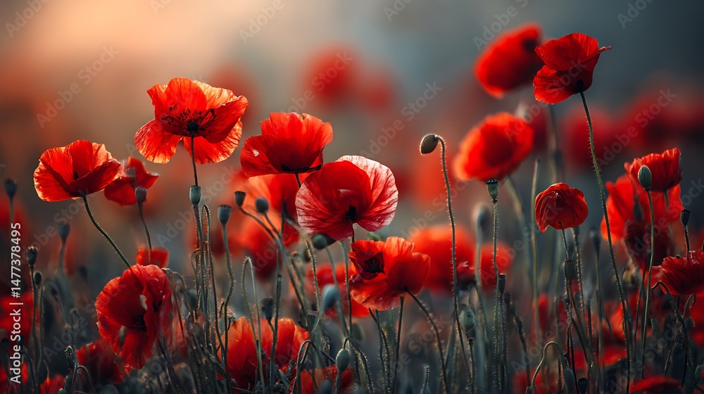 Fototapeta premium The amazing nature of red poppies under sunlight at sunset of a summer day a natural view of a blossoming flower as a background, creative banner, copyspace image