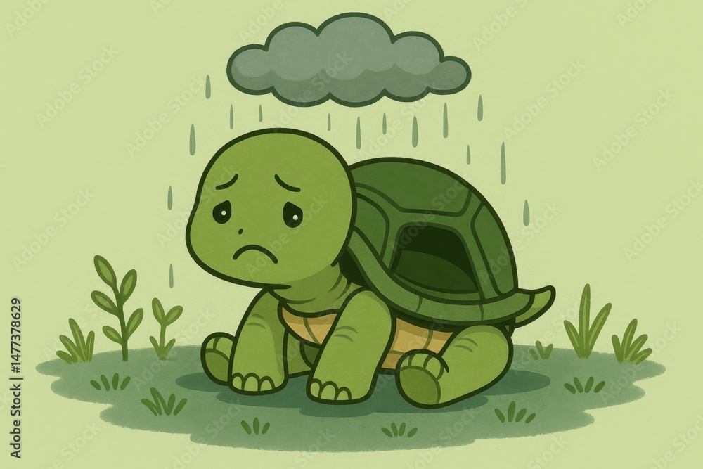 Obraz premium A cartoon turtle with a sad expression, sitting under an invisible rainy cloud with its shell slightly open on a light green background