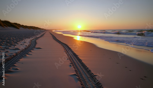 Sunset over sandy beach with tire tracks leading to the ocean  