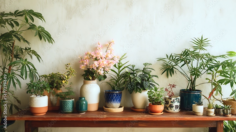 Table with flowering potted houseplants next to white wall Table with flowering potted houseplants next to white wall