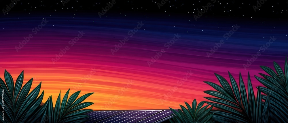Naklejka premium Captivating sunset colors merging into the night sky accompanied by vibrant tropical leaves and solar panels presenting a harmonious blend of nature and technology illustrating sustainable beauty