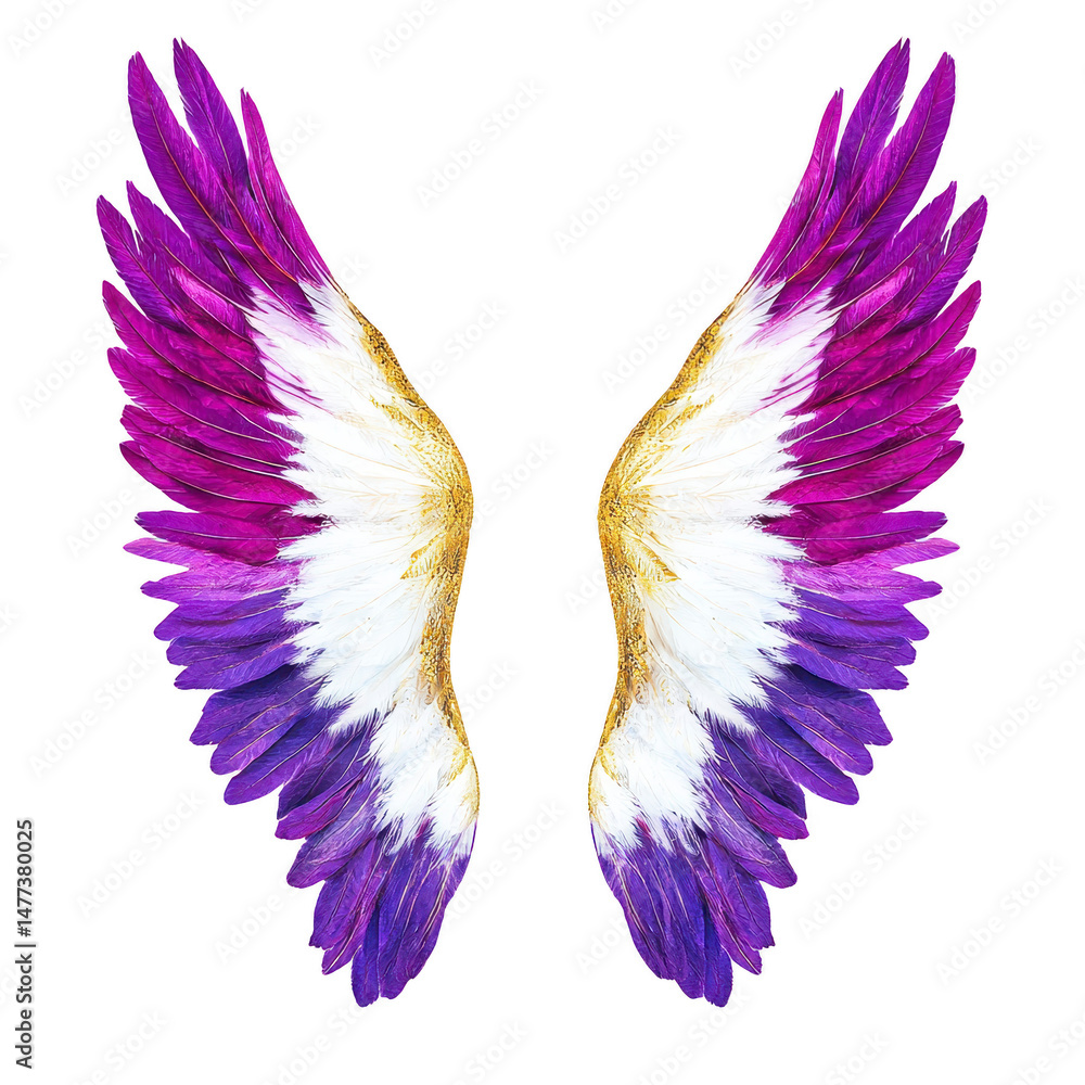 Obraz premium Vibrant purple and white angel wings with golden accents create striking and ethereal appearance. feathers are intricately detailed, showcasing blend of colors