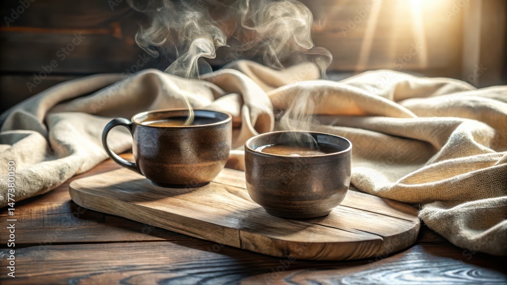 Fototapeta premium Two steaming mugs of hot beverage on wooden board, cozy textile backdrop