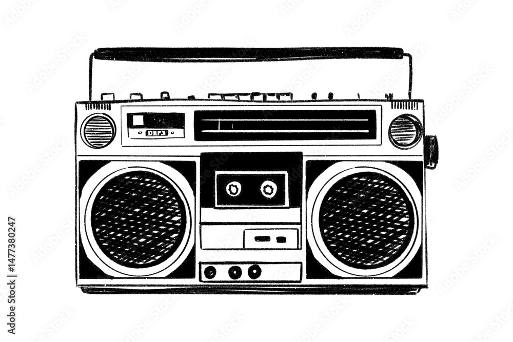 Fototapeta premium vintage radio cassette player black and white line drawing, hand drawn illustration on transparent background.