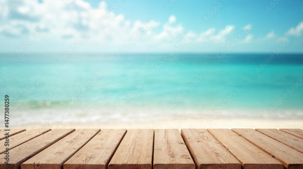 Empty wood table over blurred blue sea and beach background in sunny summer day. Empty wood table over blurred blue sea and beach background in sunny summer day.