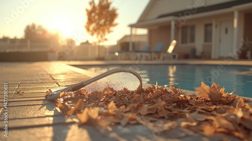 Autumn pool cleanup.  Pool rake on the edge of a pool with fallen leaves. Golden sunlight photo