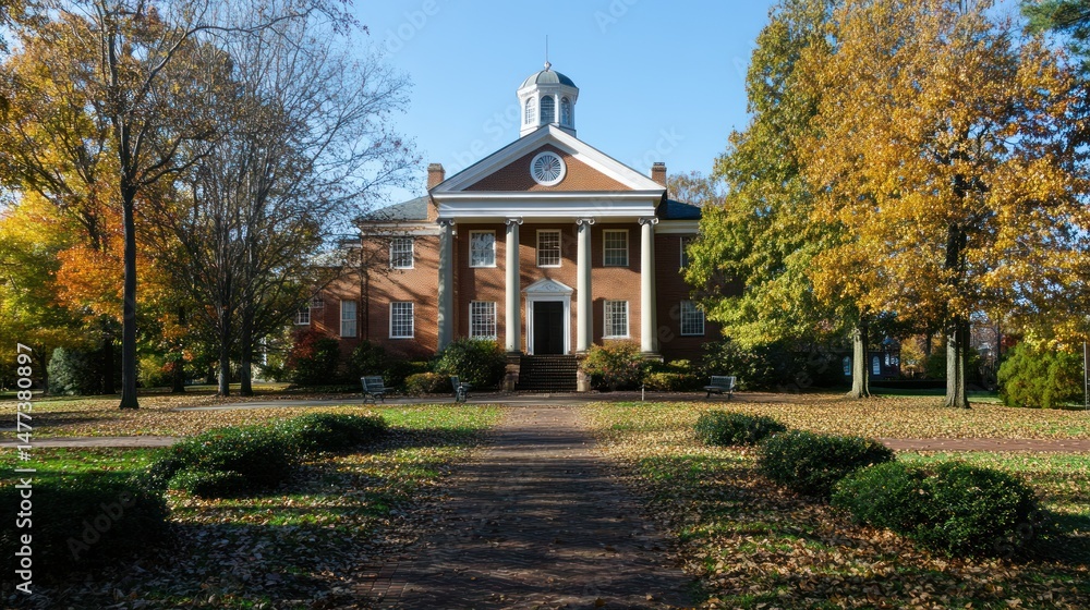Obraz premium Historic building surrounded by colorful autumn foliage with a clear blue sky in the background