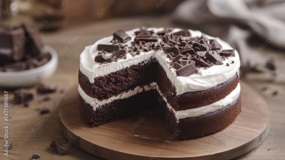 A slice of chocolate cake with white frosting and chocolate shavings on a white plate. A slice of chocolate cake with white frosting and chocolate shavings on a white plate.