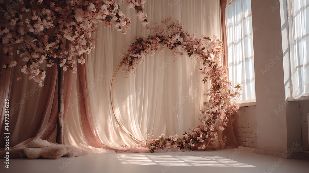Studio background for a photo shoot, there is a floral round arch and beautiful light fabrics in the background Studio background for a photo shoot, there is a floral round arch and beautiful light fabrics in the background