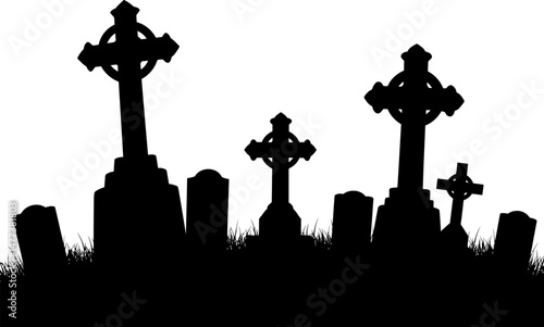 Silhouette of Celtic Crosses in a Graveyard A Haunting Halloween Image
