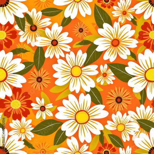 Wallpaper Mural Floral daisy pattern seamless design with orange background for textile print, illustration Torontodigital.ca