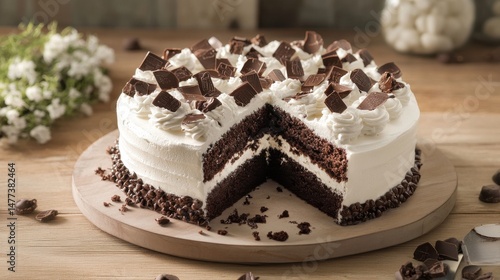 Wallpaper Mural A slice of chocolate cake with white frosting and chocolate shavings on a white plate. Torontodigital.ca