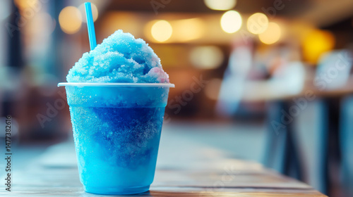 A refreshing blue raspberry snow cone served in a plastic cup with a straw, the perfect summer treat to beat the heat.