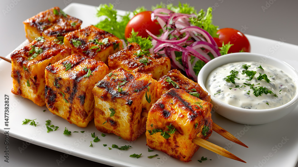 Paneer Tikka Skewers with Sauce and Salad Paneer Tikka Skewers with Sauce and Salad