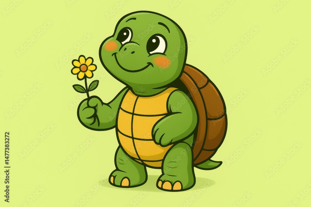 A cartoon turtle with an adoring expression, looking lovingly at an invisible partner while holding a tiny flower on a light green background A cartoon turtle with an adoring expression, looking lovingly at an invisible partner while holding a tiny flower on a light green background