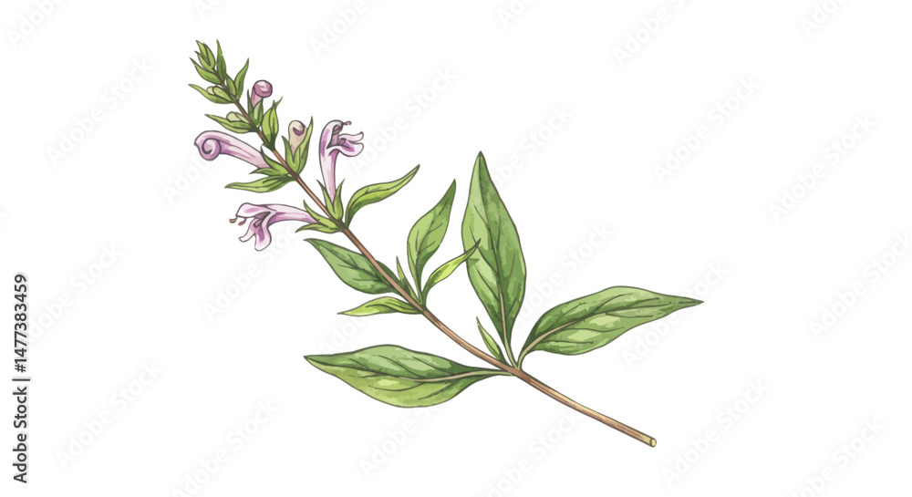 Fototapeta premium Watercolor Illustration Showcases A Delicate Branch Adorned With Soft Green Leaves And Charming Light Purple Flowers Creating A Peaceful And Organic Feel Capturing Natures Subtle Beauty