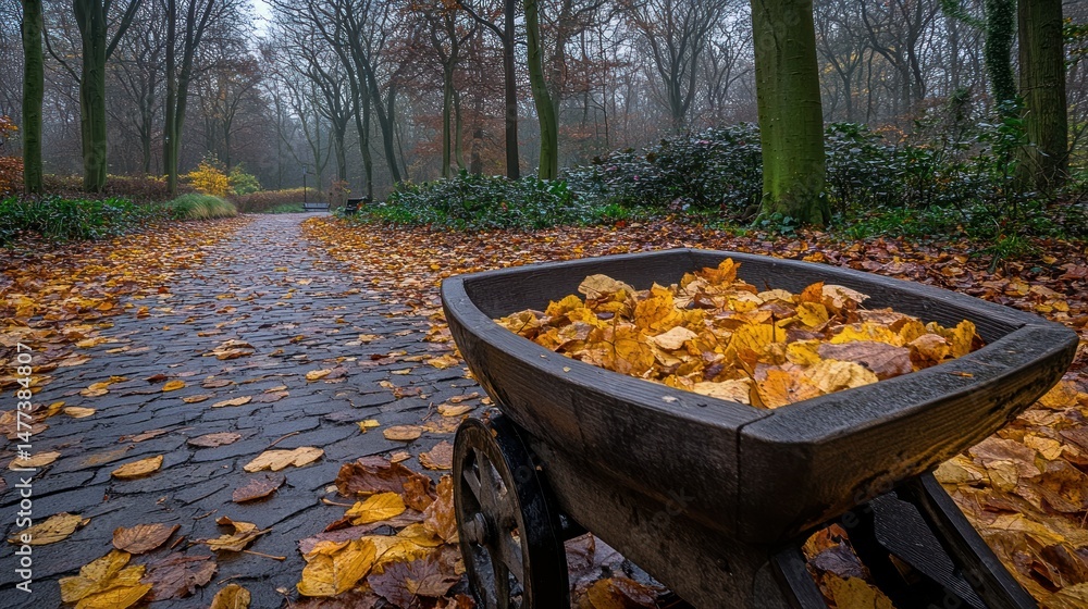 Autumnal park path strewn with fallen leaves, a dark wooden wheelbarrow filled with golden foliage Autumnal park path strewn with fallen leaves, a dark wooden wheelbarrow filled with golden foliage