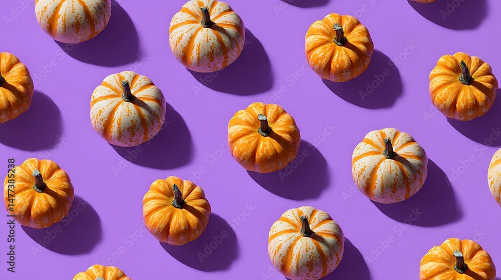 Small pumpkins on purple background top view Small pumpkins on purple background top view