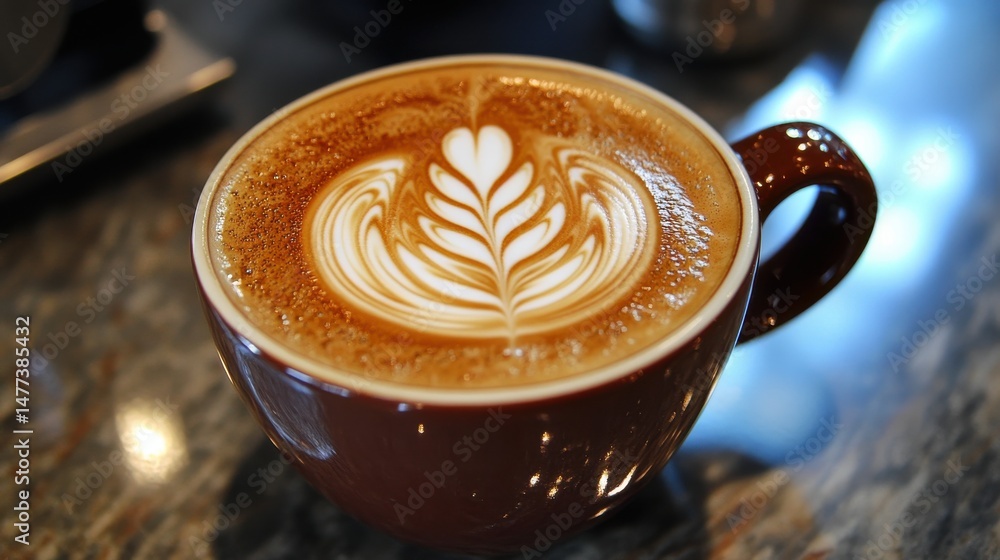 A cup of coffee with latte art on a wooden table. A cup of coffee with latte art on a wooden table.