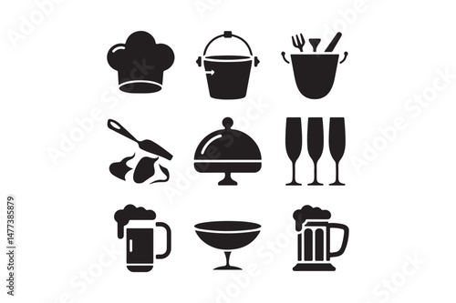 Restaurant and Kitchen Icon Set Chef, Cooking, Food, Drink, and Dining Symbols