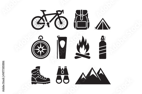 Camping and Outdoor Adventure Icons Set Hiking, Biking, Gear and Nature Symbols