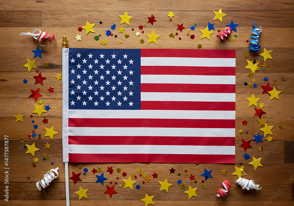 Obraz premium American Flag Surrounded by Festive Stars and Colorful Streamers on Wood Surface